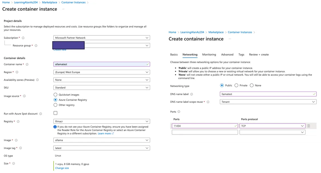 Azure Container Instance setup